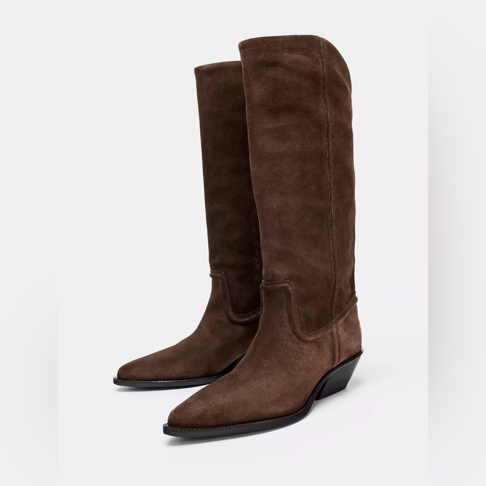 ❗️SOLD❗️ZARA SPLIT LEATHER SUEDE BROWN HEELED COWBOY BOOTS